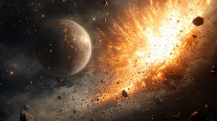 Wall Mural - a massive explosion occurs in deep space as asteroids collide, sending debris flying near a distant 