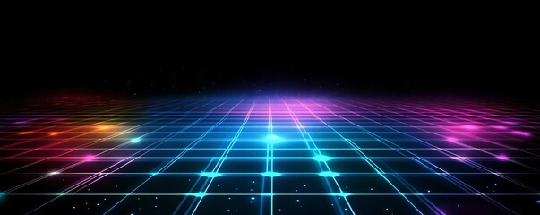 A grid pattern featuring abstract teal, purple, and neon hues set against a black background