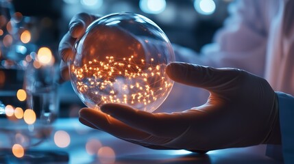 Poster - expert scientist demonstrates innovative experiment with glowing orb in laboratory during evening ho