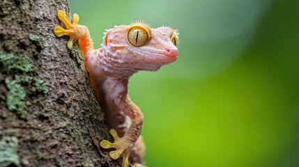 Poster - Close up shot of a gecko crawling on a tree bark, showcasing its textured skin, vibrant orange eyes, and tiny claws, all set against a soft, blurred green background. The gecko's pose and the