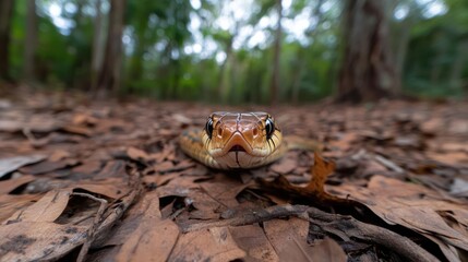 Poster - A close up low angle view of a yellow and brown snake on a forest floor covered in fallen leaves. The focus is sharp on the snake's head, with blurred trees creating a depth in the background