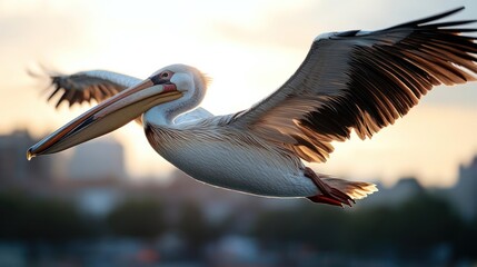 Aufkleber - Majestic pelican in mid-flight, wings fully extended against a soft sunset backdrop over a tranquil body of water and blurred cityscape. The bird's plumage features intricate patterns of white and