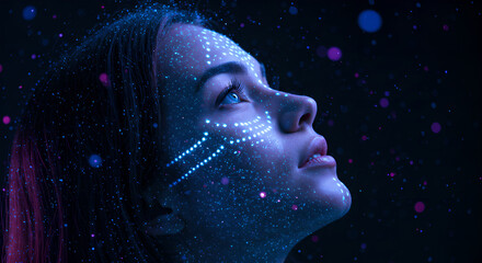 Poster - Woman with body technology print looking up against dark background. Digital skin, connection and future science concept for presentation, banner, advertising and article.