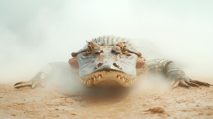 Poster - A low-angle shot of a large alligator in a sandy environment, partially obscured by mist or dust. The alligator's face and front limbs are visible, with a focus on its textured skin, teeth, and eyes