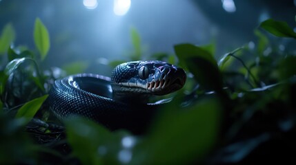 Poster - A striking low-angle shot of a black snake with iridescent scales, nestled among vibrant green foliage under soft, focused lighting. The snake's head is raised, highlighting its intricate scale