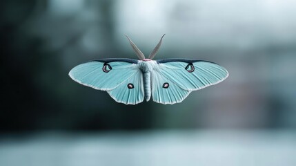 Aufkleber - Macro shot of a light blue luna moth with red spots on its wings, set against a blurred background. The moth's delicate antennae are visible, emphasizing the intricate details of its texture and