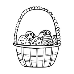 Wall Mural - a basket of eggs is shown in a black and white drawing. the basket is filled with a variety of eggs,