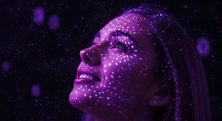 Poster - Woman looks up with glowing dots on face like stars in the night sky. Connection between human and universe. Futuristic technology for beauty and fashion product.
