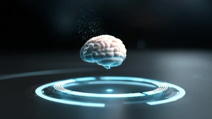 Poster - Mind's Digital Frontier: A holographic representation of a human brain levitates above a circular, illuminated platform, symbolizing the intersection of mind and technology.