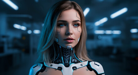 Poster - Woman cyborg with futuristic body implants on blurred industrial background. Artificial intelligence and augmented reality concept for science fiction and technological progress.