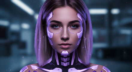 Poster - Woman with futuristic cybernetic implants. Artificial intelligence and bionic design concept. Digital enhancement for body augmentation for science and technology projects.