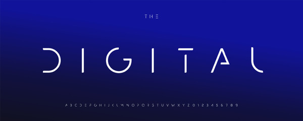 Poster - Digital sci-fi font, futuristic techno letters, minimalist sleek typeface with geometric shapes, cyber display alphabet for innovative branding, next-gen UI headlines and logo. Vector typeset.