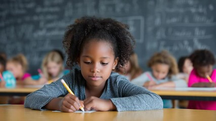 Poster - Girl Engaged in Math Exercise at School Desk With Classmates Generative AI