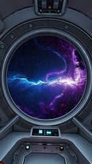 Wall Mural - Futuristic spaceship window view of vibrant cosmic storm. Wide-angle shot captures vivid colors and depth, perfect for a sci-fi video backdrop.