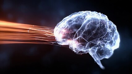 Poster - Brain Power Unleashed: A detailed image of a human brain is bathed in a display of glowing light beams in a vibrant representation of mind, intelligence, and cognition.