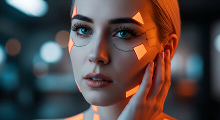 Poster - Woman with futuristic glowing interface. Girl with digital skin implant. Biometric technology, augmented reality and cyberpunk concept. For technology and robotic innovation.