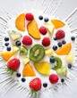 © Simon - Colorful fresh fruit arrangement on yogurt splash background