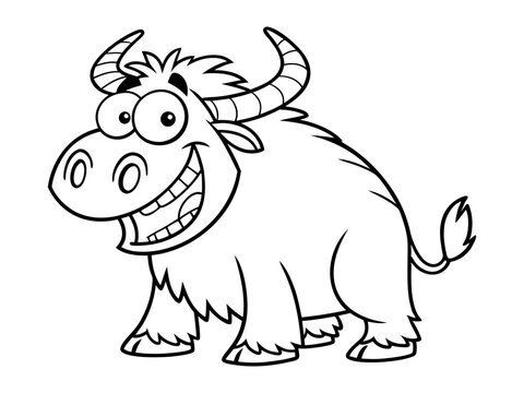 Coloring page funny smiling yak. Vector coloring book for childrens activity