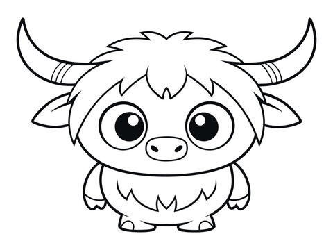Coloring page funny smiling yak. Vector coloring book for childrens activity