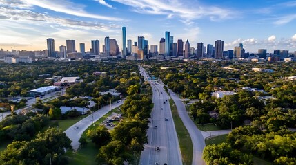 Aufkleber - Aerial View of Houston Skyline with Lush Green Trees and City Roads : Generative AI