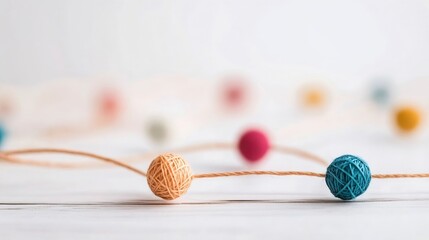 Poster - Colorful thread balls scattered on a wooden table with a soft blurred background : Generative AI