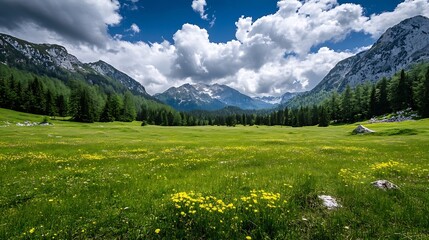 Poster - Vast Mountain Landscape with Lush Green Valley and Bright Cloudy Sky : Generative AI