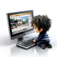 Leinwandbilder - Anime Character Interacting with a Computer, Keyboard, and Displaying Images on a White Background.