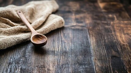 Poster - Rustic Wooden Spoon on Textured Tablecloth and Dark Wooden Table : Generative AI
