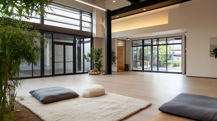 Fototapete - Spacious Modern Room with Large Windows and Minimalist Decor Creating a Serene Environment : Generative AI