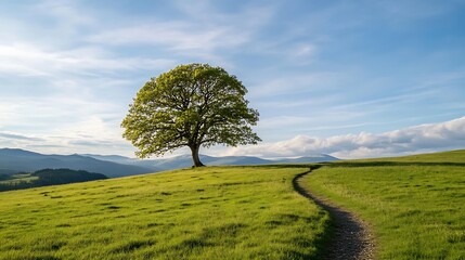 Leinwandbilder - Lone Tree on Hilltop Surrounded by Lush Green Grass Under Clear Sky : Generative AI