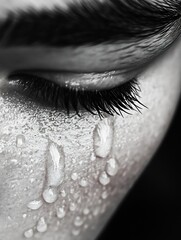 Poster - Emotional Close Up of a Tear Streaked Face Showing Vulnerability and Sadness in Black and White : Generative AI