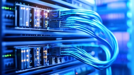 Poster - High tech data center with blue glowing cables connected to servers for fast internet : Generative AI