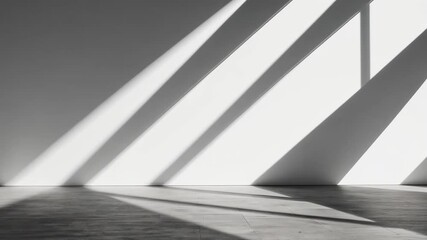 Fototapete - Natural light streaming through expansive window casting dynamic geometric shadows across pristine white wall and gray floor within minimalist, serene interior space