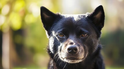 Poster - Close Up Portrait of a Black Dog with Intense Eyes Against a Soft Blur Background : Generative AI