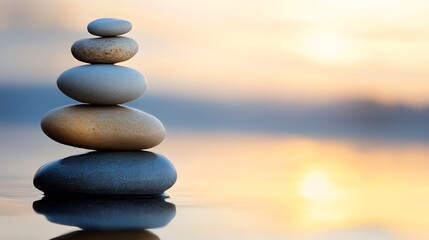 Fototapete - Balanced Stones on a Tranquil Surface at Sunset Capturing Serenity and Peaceful Moments : Generative AI