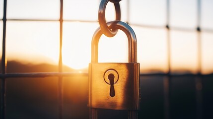 Poster - Close Up of a Padlock with Keyhole Against a Sunset Background : Generative AI