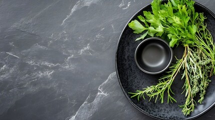 Aufkleber - Fresh Herbs on a Black Plate with Elegant Ceramic Bowl on Dark Stone Table : Generative AI