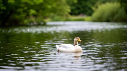 Poster - Duck Floating on a Green Lake Surrounded by Lush Vegetation : Generative AI