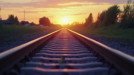 Aufkleber - Train Tracks Leading to a Stunning Sunset Over the Horizon in Rural Area : Generative AI