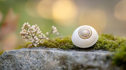 Aufkleber - Delicate seashell resting on moss with soft focus background of nature : Generative AI
