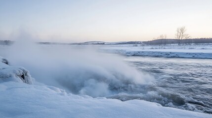 Poster - Beautiful Winter River Scene With Snowy Banks And Misty Water Surface : Generative AI