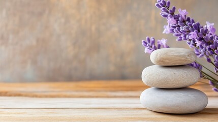 Leinwandbilder - Calming Zen Arrangement Of Stones And Lavender Blossoms On Wood Table : Generative AI