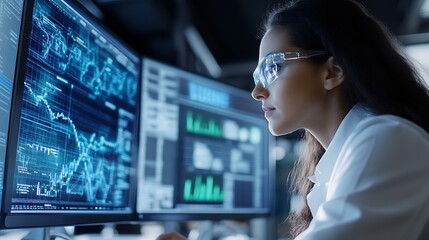 Leinwandbilder - Focused Female Analyst Reviewing Complex Financial Data on Two Computer Monitors in Futures Market : Generative AI