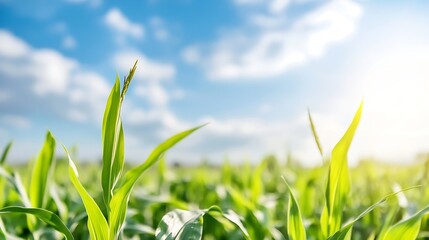 Aufkleber - Vibrant Green Corn Plants Against a Blue Sky with Clouds on a Bright Sunny Day : Generative AI