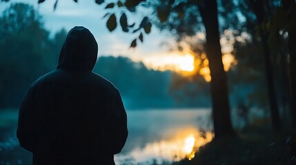 Aufkleber - Silhouetted Figure in Hoodie by a Lake During Sunset Evoking Mystery and Serenity : Generative AI