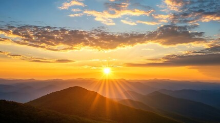 Poster - Stunning panoramic view of sunset over mountains with sun rays shining through clouds and golden sky : Generative AI