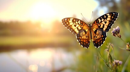 Leinwandbilder - Colorful Butterfly in Sunlight Perched on Flower with Nature Background : Generative AI