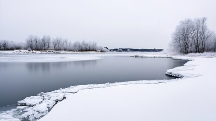 Poster - Serene Frozen River Landscape Surrounded by Icy Trees in a Winter Wonderland : Generative AI