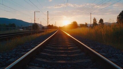 Poster - Railroad tracks leading into sunset with glowing light and foliage : Generative AI