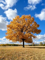 Poster - Vibrant autumn tree with orange leaves against blue sky background : Generative AI
